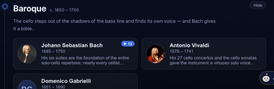 The Cello Through Time — Bach and Vivaldi with playable pieces