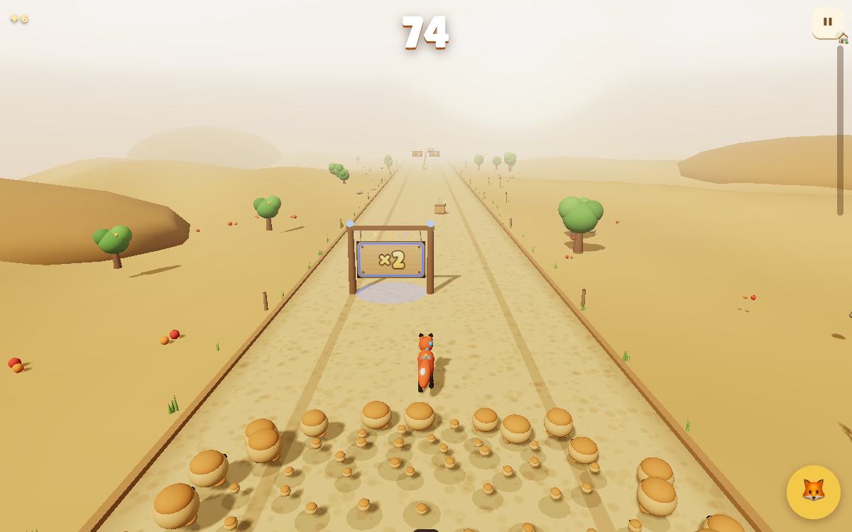 Crumb Run gameplay: Vixen the fox leads a big flock of little bun sprites through a blue ×2 gate toward the pantry shelves