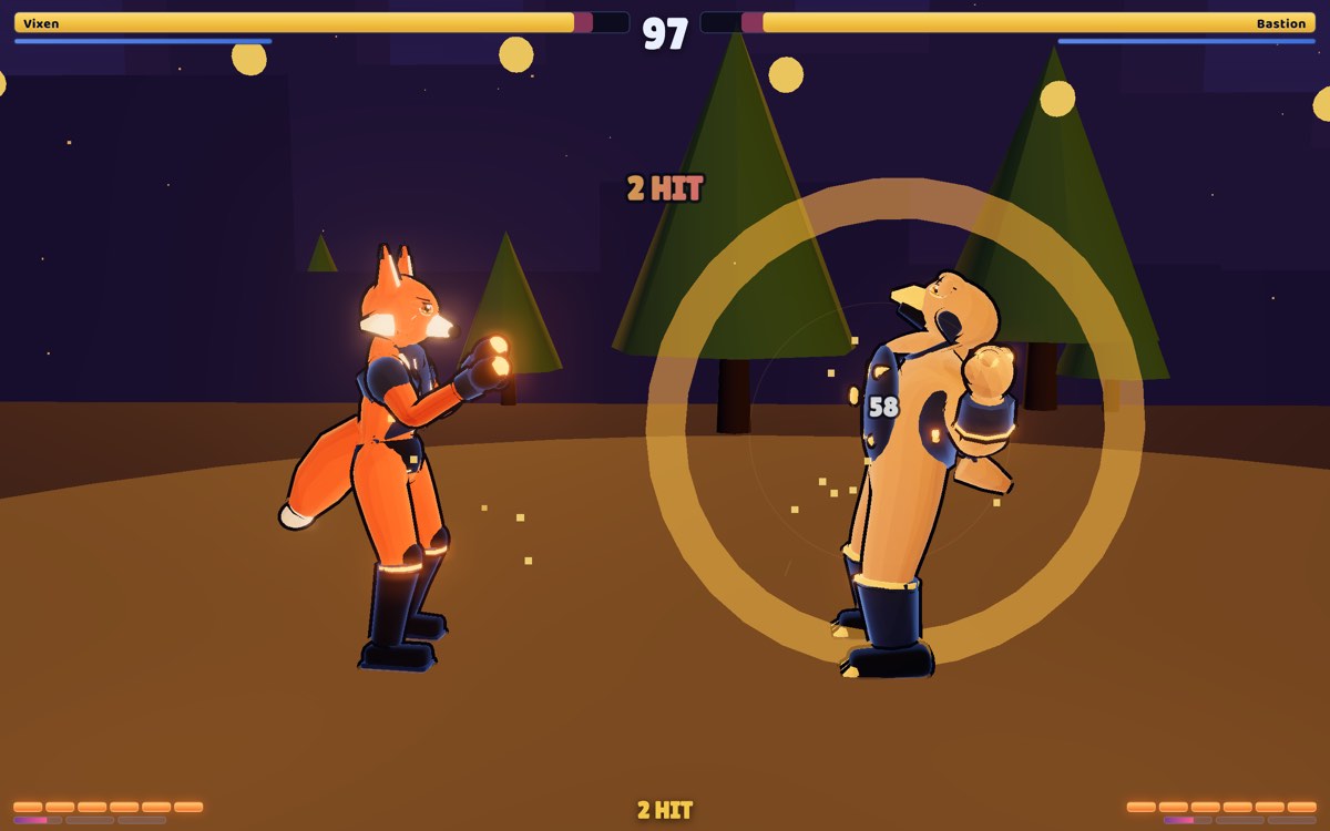 Emberfist gameplay: Vixen the fox holds her guard with ember gloves lit while Bastion the armoured turtle reels from a 58-damage blow, a gold Moment ring bursting around him and a 2 HIT combo counter overhead, on a wooded verge at dusk