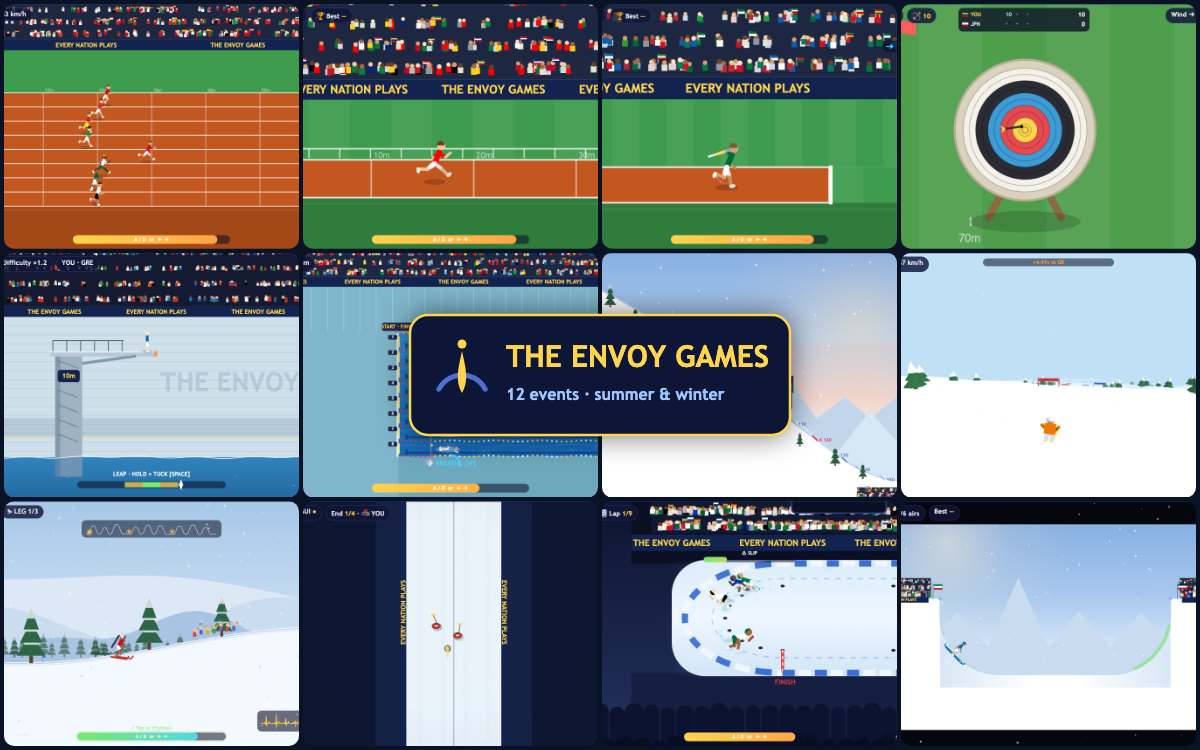 The Envoy Games: twenty-four sports event cards around a golden spark emblem — sprint, long jump, javelin, archery, diving, swimming, ski jump, slalom, biathlon, curling, short track and halfpipe