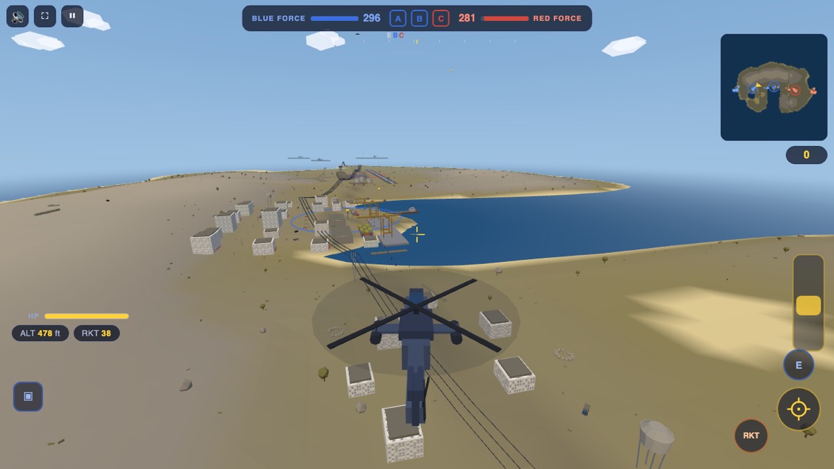 Frontline 2030 gameplay: an AH-64E attack helicopter runs in over the saddle village toward the BRAVO port town, container cranes and a moored coaster on the harbour below, the carrier group on the horizon