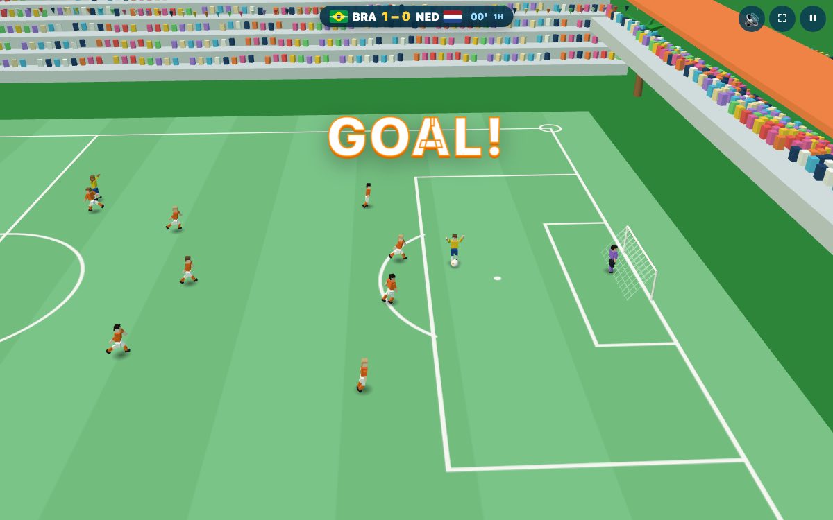 Goalburst gameplay: a sunny 3D stadium seen from the broadcast camera, Brazil in yellow celebrating a goal against the Netherlands in orange, the ball in the net past a purple goalkeeper, GOAL! bursting across the screen
