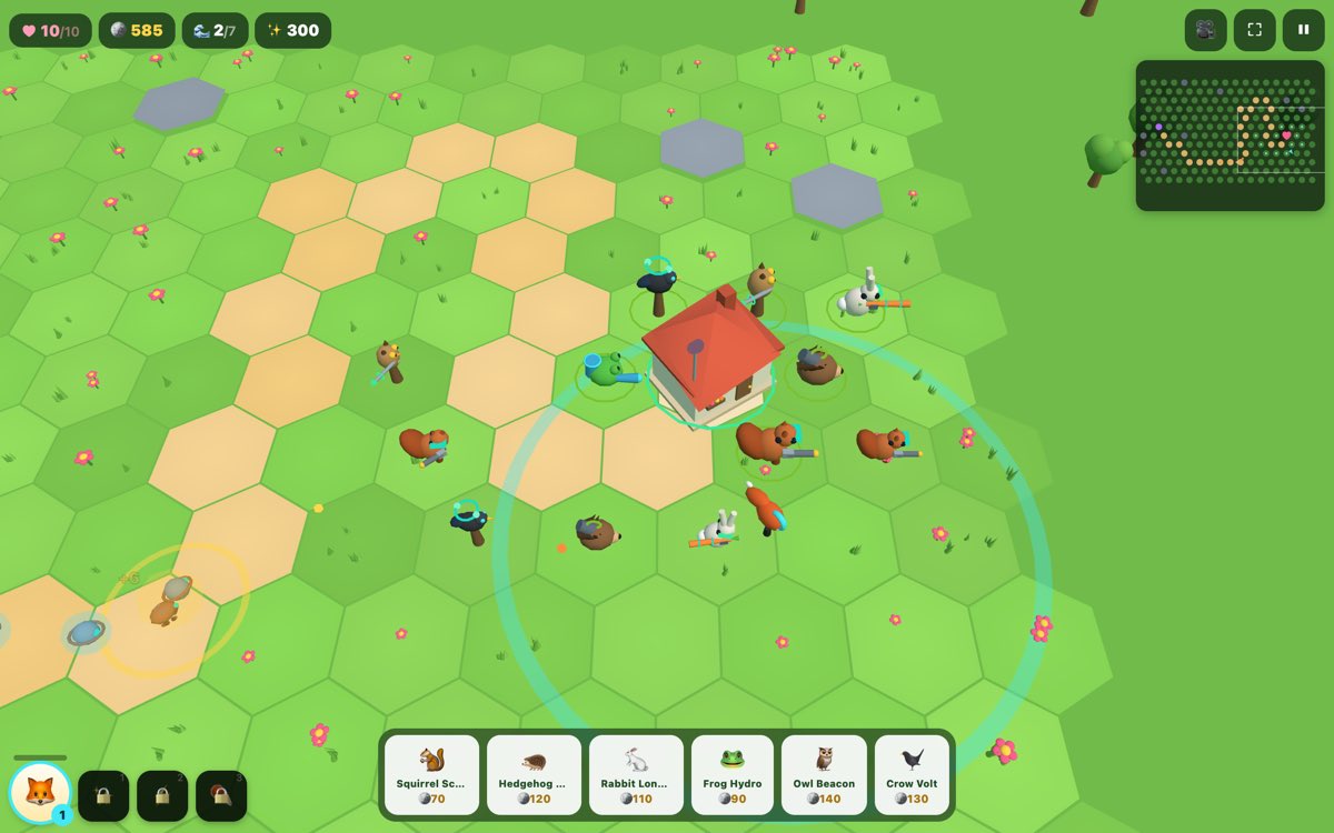 Phyloca — armed backyard animals defending a cottage on a hex meadow