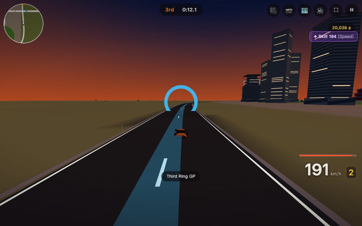 RoadEnvoy gameplay: an orange sports car races the Third Ring at dusk in a stylized Beijing, lit tower windows along the skyline, kerbed carriageways and a glowing racing line, 191 km/h on the speedometer