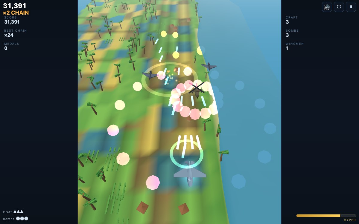 Sixth Wing gameplay: a grey delta fighter and its wingman drone sweep fire at a gunship over rice paddies and a palm coast, pink bullet rings filling the sky, chain counter at x24