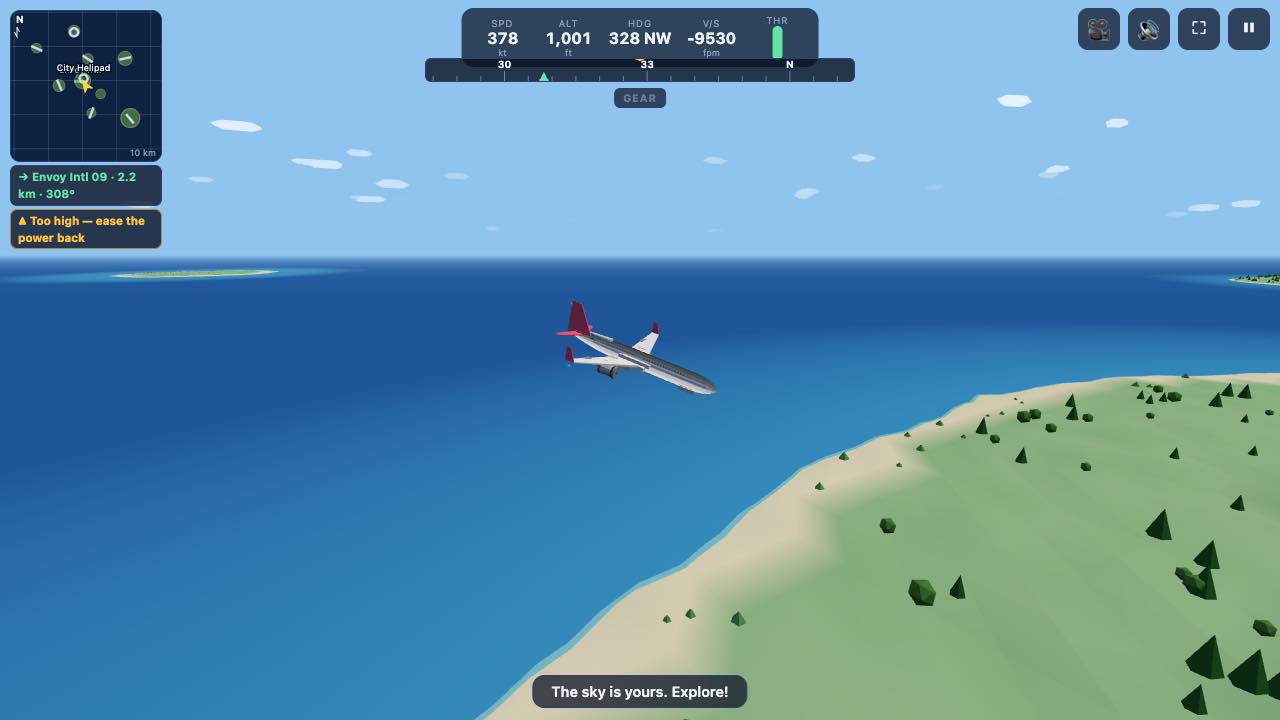 SkyEnvoy gameplay: a white airliner banks low over a palm-fringed coastline, turquoise shallows below, with the moving map and compass tape on screen