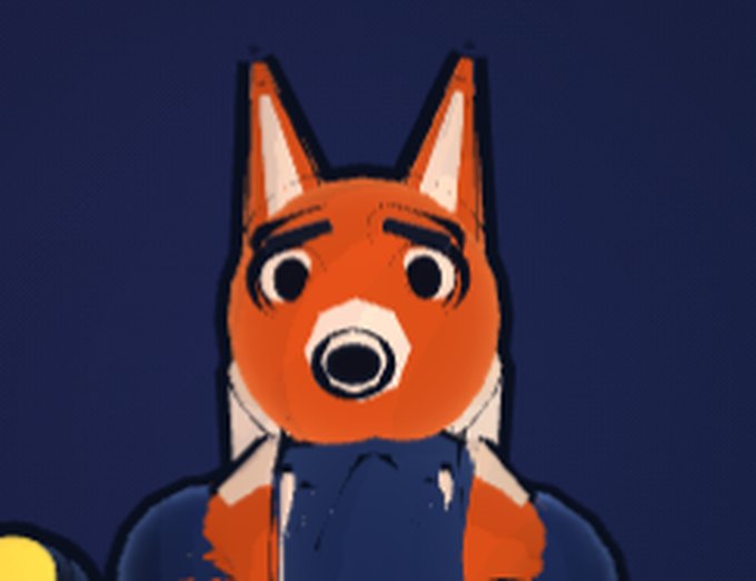 A fox character's face built from separate geometry balls, reading as blobs